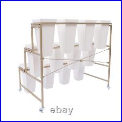 Flower Display Stand with 12 Plastic Buckets 3 Layers Metal Plant Stand with Wheels