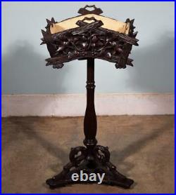 French Antique Walnut Highly Carved Black Forest Plant Stand with Metal Liner