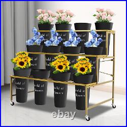 Gold Flower Display Stand -12xBlack Buckets 3 Layers Metal Plant Stand with Wheels