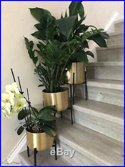 Gold Planters on Stand Set of 3 Large Plant Pots on Individual Black Racks for I