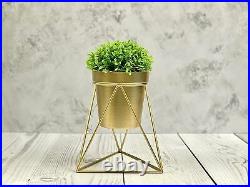 Golden Cylindrical Table Planter Pot for Living Room with Iron Stand 21 cm