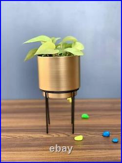 Golden Cylindrical Table Planter Pot for Living Room with Iron Stand 23 cm