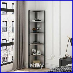 Gray Wooden Black Metal Corner Etagere 5 Shelf Tier Plant Stand Storage Display