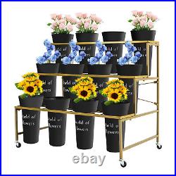 Heavy Duty 3 Tier Rolling Shelf Plant Stand Metal Flower Display Rack 12 Buckets