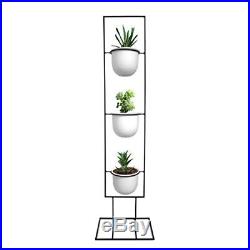 Indoor Metal Vertical Plant Stand with 3 White Ceramic Pots Iron Flower Pot