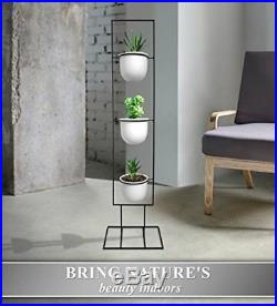 Indoor Metal Vertical Plant Stand with 3 White Ceramic Pots Iron Flower Pot