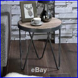 Industrial End Table Sofa Console Round Wooden Top Metal Legs Modern Plant Stand