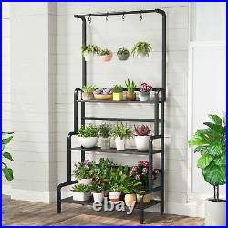 Industrial Plant Stand with 4 Hanging Hooks Ladder Display Storage Rack for Home