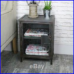 Industrial Style Grey Boxy Mesh & Metal Bedside Cabinet Table Plant Stand