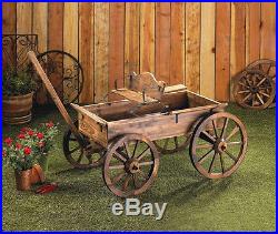LARGE WOOD Wagon ROLLING country flower cart plant pot stand Planter yard statue