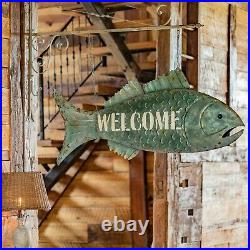 Large Distressed Hanging Fish Welcome Sign with Included Wall Bracket & Chain