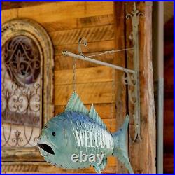 Large Distressed Hanging Fish Welcome Sign with Included Wall Bracket & Chain