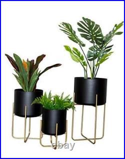 Large Floor Standing Planters with Metal Stand Pack of 3, Black Pots Pack of 3