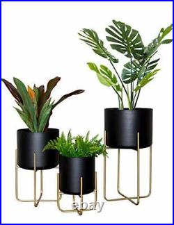 Large Floor Standing Planters with Metal Stand Pack of 3, Black Pots Pack of 3