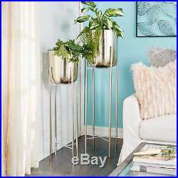 Large Modern Metallic Silver Metal Planters with Stands Set Silver