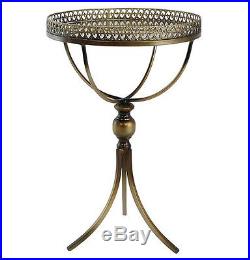 Metal End Table Round Mirror Top Distressed Antique Side Accent Plant Stand