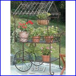 Metal Flower Pot Cart Large Iron Plant Stand On Garden Display Bench Patio Decor