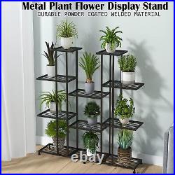 Metal Plant Stand 9 Tier Multifunction Decorative Black Steel Shelf Patio Garden