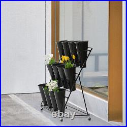 Metal Plant Stand Outdoor Indoor 3 Layer Flower Display Rack With Wheels Buckets