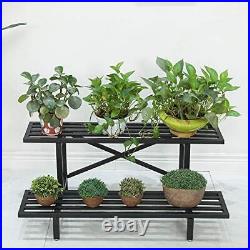 Metal Plant Stand Outdoor Indoor Flower Pot 2-Tier Display Rack Plants Ladder