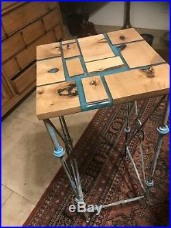 Metal and Wood Accent Table Plant Stand Turquoise Epoxy Resin Filled