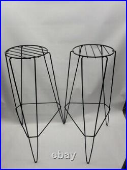 Mid Century Modern Black Metal Wire Plant Stand Tall 30H Vintage Hairpin Legs
