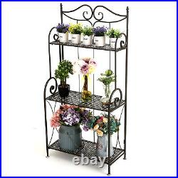 MyGift 45 Inch Scrollwork Design Brown Metal Foldable 3 Tier Plant Rack Stand