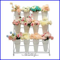 NEW 3 Layers Flower Display Stand + 12x Buckets Metal Plant Stand withWheels White