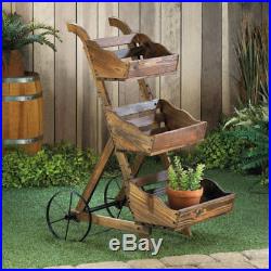 NEW Wooden Three-Tier Plant Cart Stand Old-Fashioned Plant PushCart