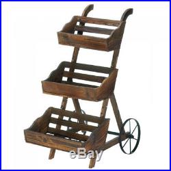 NEW Wooden Three-Tier Plant Cart Stand Old-Fashioned Plant PushCart