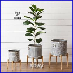 New Modern Farmhouse Boho SET 3 PLANT STAND Metal Pot Bucket Wooden Riser Stands