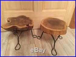 New Set Of 2 Industrial wood plant stand bonsai table natural edge Metal Base