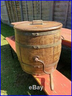 Original Wooden Vintage French Churn Plant Stand Storage Barrel Metal Straps