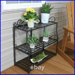 Outdoor Plant Stands 3-Tier Metal Scroll Edging Shelves Durable Base Black