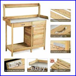 Outdoor Potting Bench Garden Wooden Work Station Metal Tabletop Cabinet Drawer