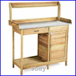 Outdoor Potting Bench Garden Wooden Work Station Metal Tabletop Cabinet Drawer