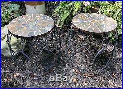 PAIR VINTAGE Wrought Iron Stone TILE TOP IRON PLANT STAND TABLE PATIO Set Of 2