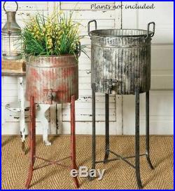 PRIMITIVE CORRUGATED METAL DISTRESSED SPIGOT PLANTERS TUBS with STANDS Set of 2