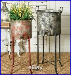PRIMITIVE CORRUGATED METAL DISTRESSED SPIGOT PLANTERS TUBS with STANDS Set of 2