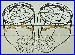 Pair 27 Tall Black Wrought Iron Metal Gold Leaves Plant Stand Table Pedestals