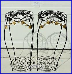 Pair 27 Tall Black Wrought Iron Metal Gold Leaves Plant Stand Table Pedestals