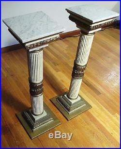 Pair Pedestal Plant Stands Corinthian Style Columns withMarble Tops Metal Columns