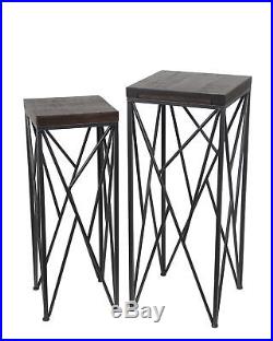Pair of Nesting Dark Brown Wood and Metal Plant Stands Square