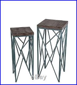 Pair of Nesting Distressed Finish Wood and Blue Metal Plant Stands Square