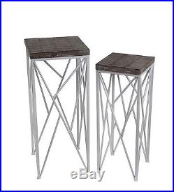 Pair of Nesting Distressed Finish Wood and White Metal Plant Stands Square