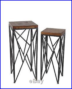 Pair of Nesting Medium Brown Wood and Metal Plant Stands Square