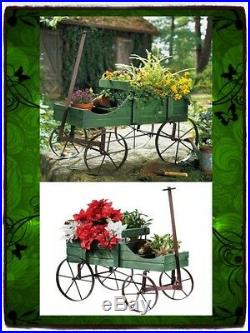 Patio Wood Wagon Showcase Plant Stand Cart Vintage Wrought Metal & Old Wood Look