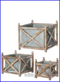 Plant Stand Set of 3 Wood Galvanized Metal Planters