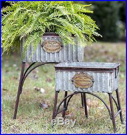 RUSTIC DECOR 2pc POLAND Tubs Garden Plant Stands Corrugated Galvanized Metal NEW