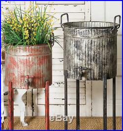 RUSTIC FARMHOUSE DECOR 2pc Spigot Flower Tubs w Stands Galvanized Metal Planters
